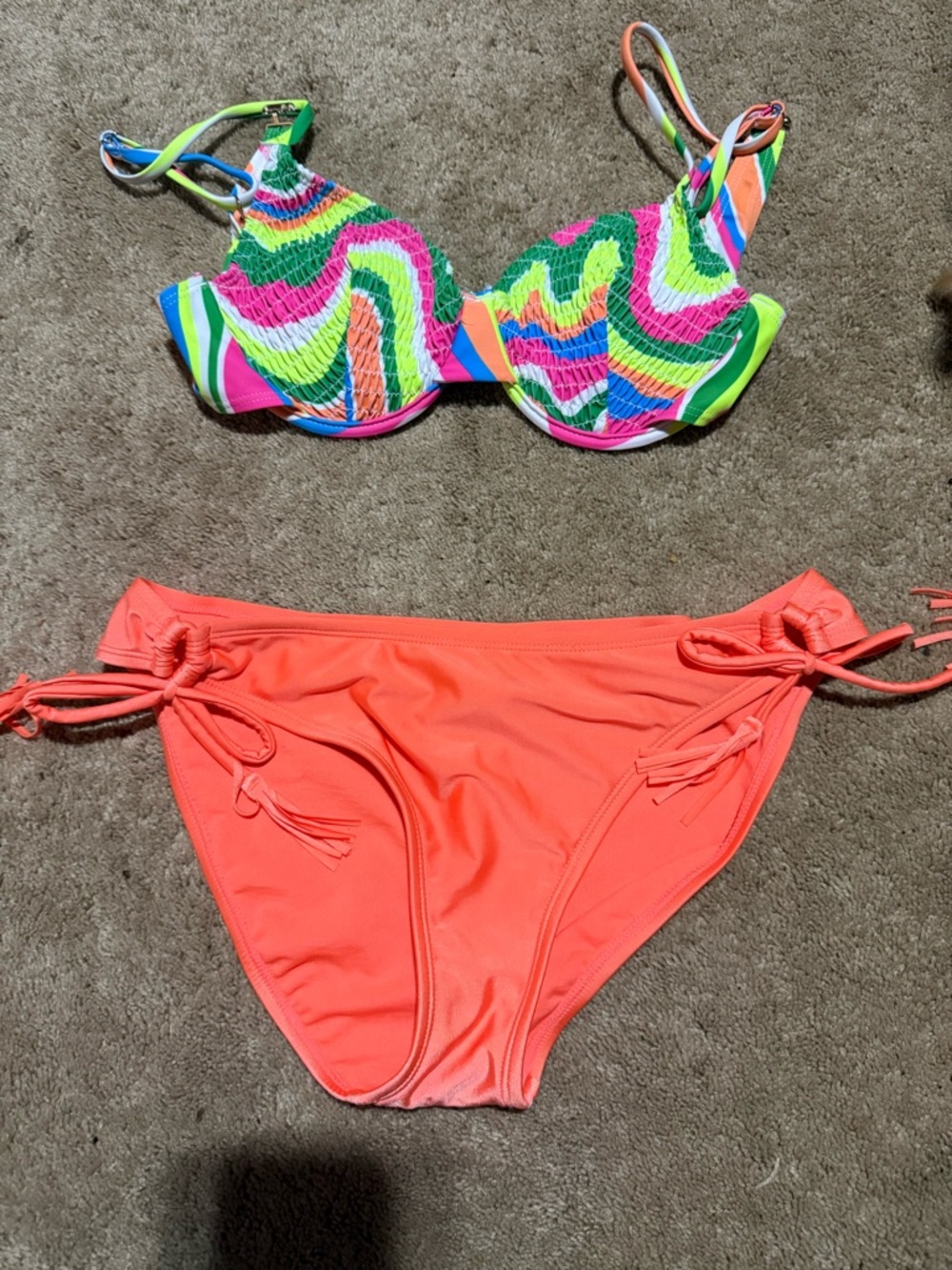 GB girls Neon Multicolor Underwire Top with Coral Tie-Side Bottom